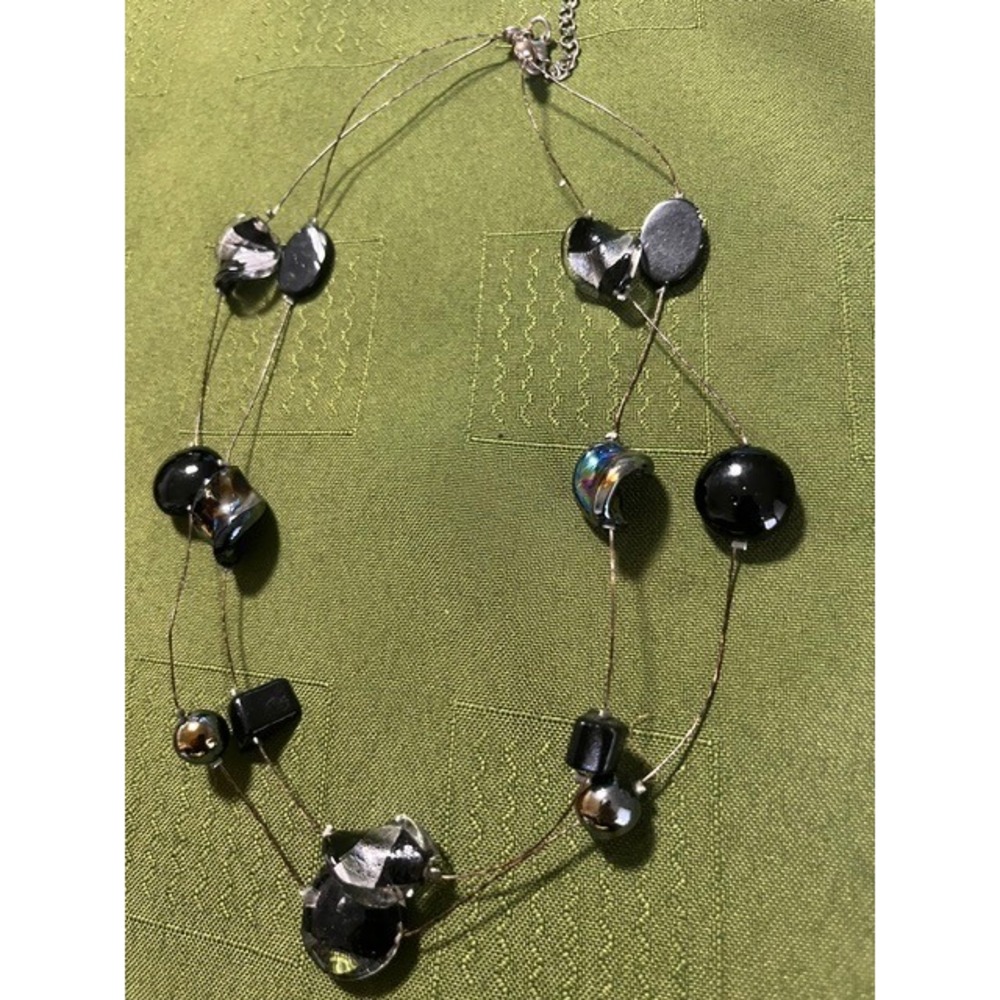Black Silver Iridescent Glass Bead Double Strand‎ Illusion Necklace Adjustable